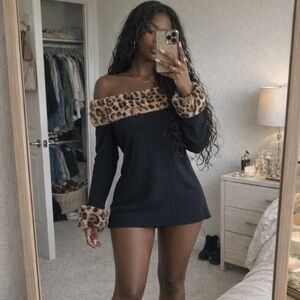 Black long sleeve mini dress with leopard cheetah print fur trim